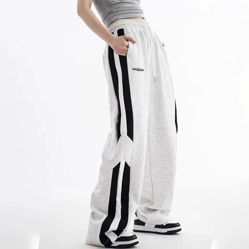 Women's Autumn Winter New England Elastic High-waisted Drawstring Patchwork Contrast Color Pockets Striped Straight Casual Pants