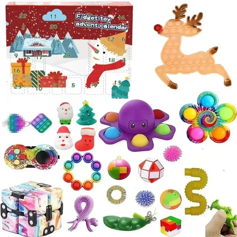 thumbnail image 1 of Calendario de Adviento navideño de 24 cuadrículas, juguetes antiestrés, árbol de Navidad, Papá Noel, ciervo, sombrero de ciervo, calendario de cuenta regresiva de 24 días, regalo para niños, 1 of 5