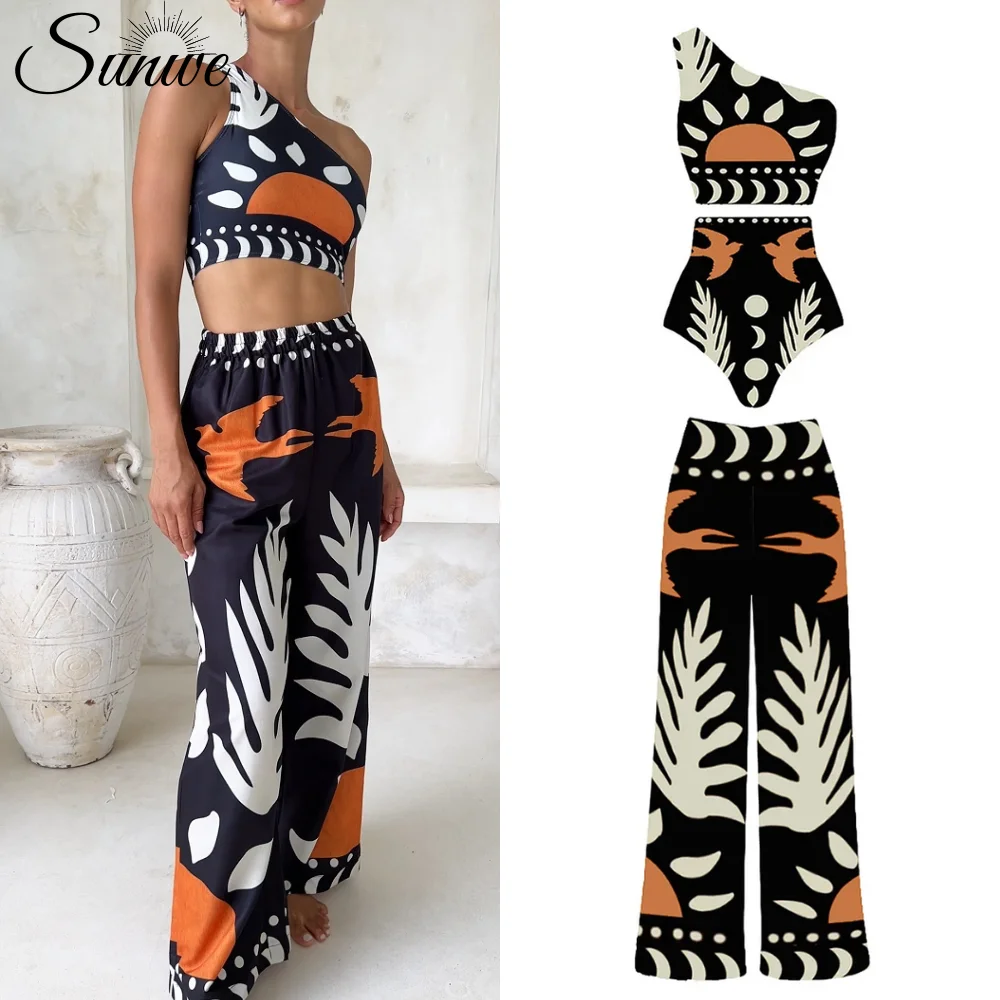 2024 One Shoulder High Waist Bikini Swimsuit and Pants Summer Swimwear Women Beachwear
