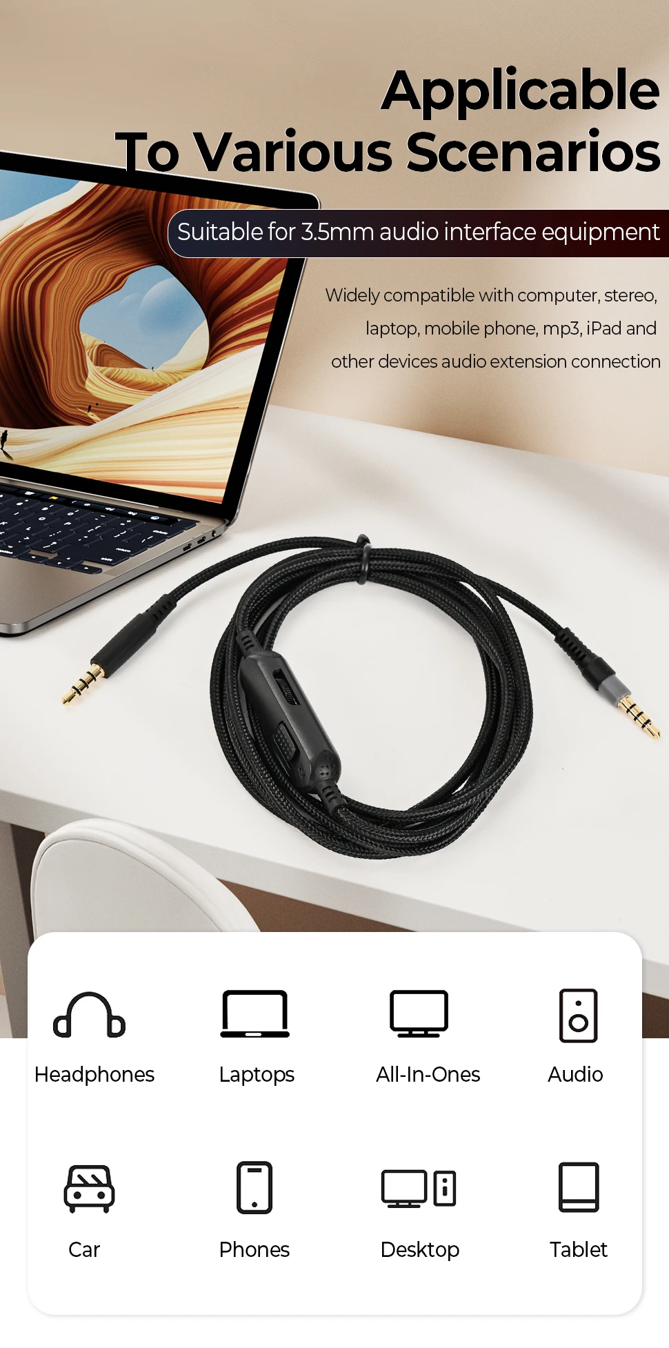 3.5mm Plug 2M Headphone Cable for HyperX Cloud Alpha Gaming headset Replacement Portable Headphone Sound Control cable