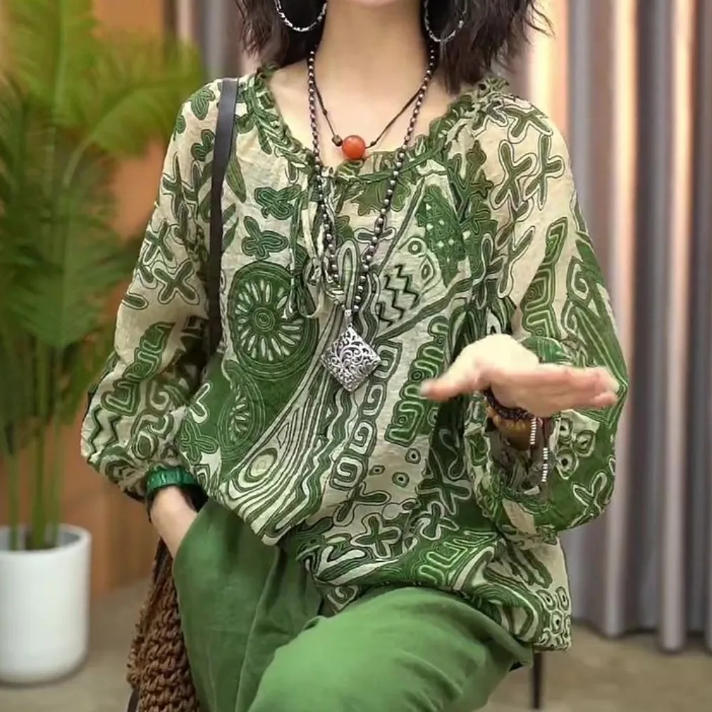 Description Picture 5 of itemSimple Sunscreen Retro Loose T-shirt Flower Stripe Round Neck Long Sleeve T Shirt Thin Green Ethnic Style Tops Women