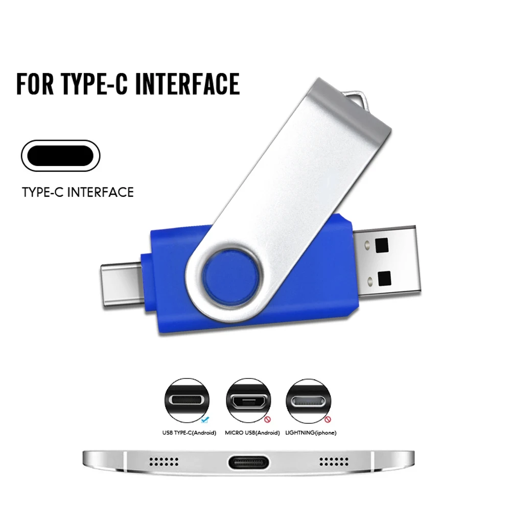 휴대폰용 2 in 1 TYPE-C USB 플래시 드라이브, 회전식 블랙 메모리 스틱, 그린 펜 드라이브, 레드 펜드라이브, 블루 U 디스크, 64GB