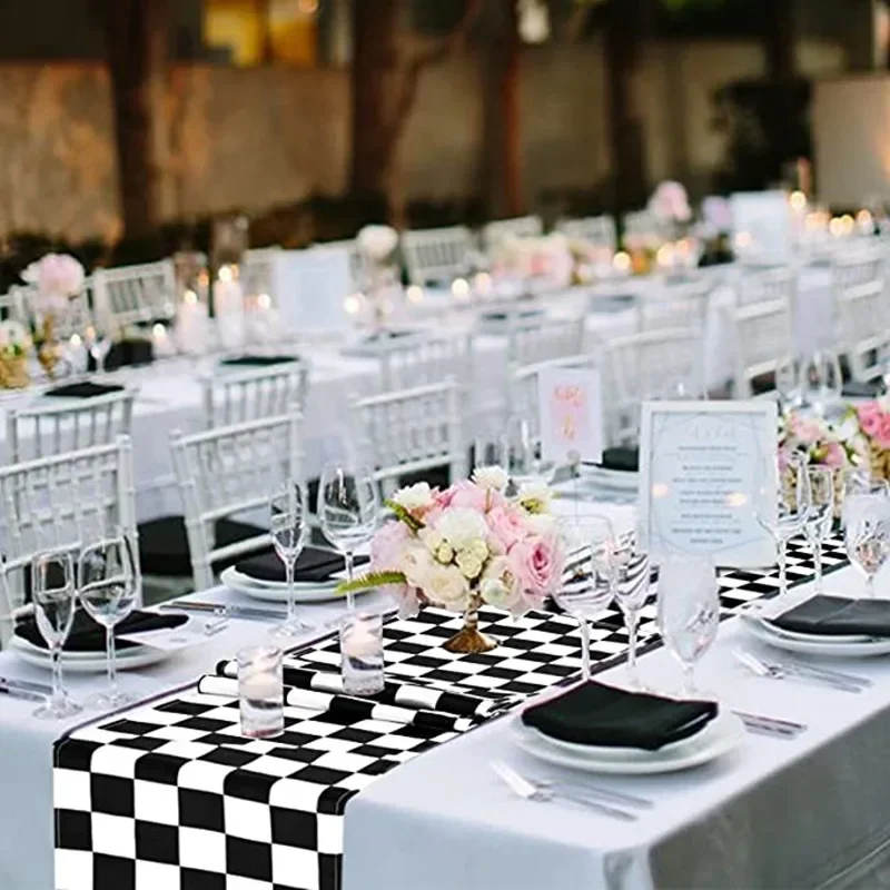 Classic Black White Checkered Table Runner Polyester Racing Theme Party Table Decor Soccer Goal Cup Wedding Table Runners 4