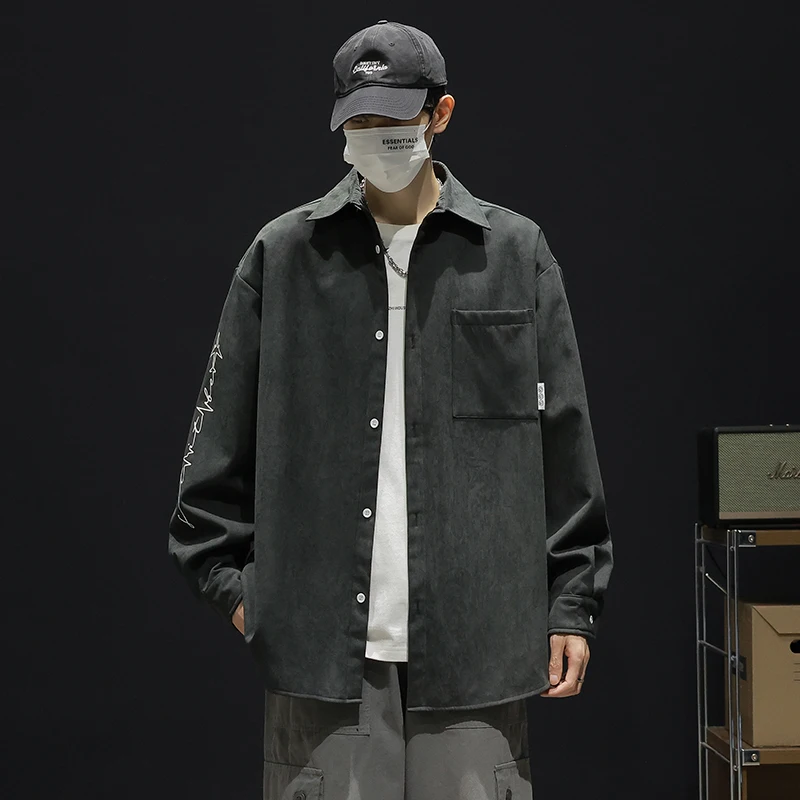 Solid Trendy Casual Length Sleeve ButtonTurn Down Collar Shirt Embroidery Pocket Blouse Student Style Streetwear Black Green