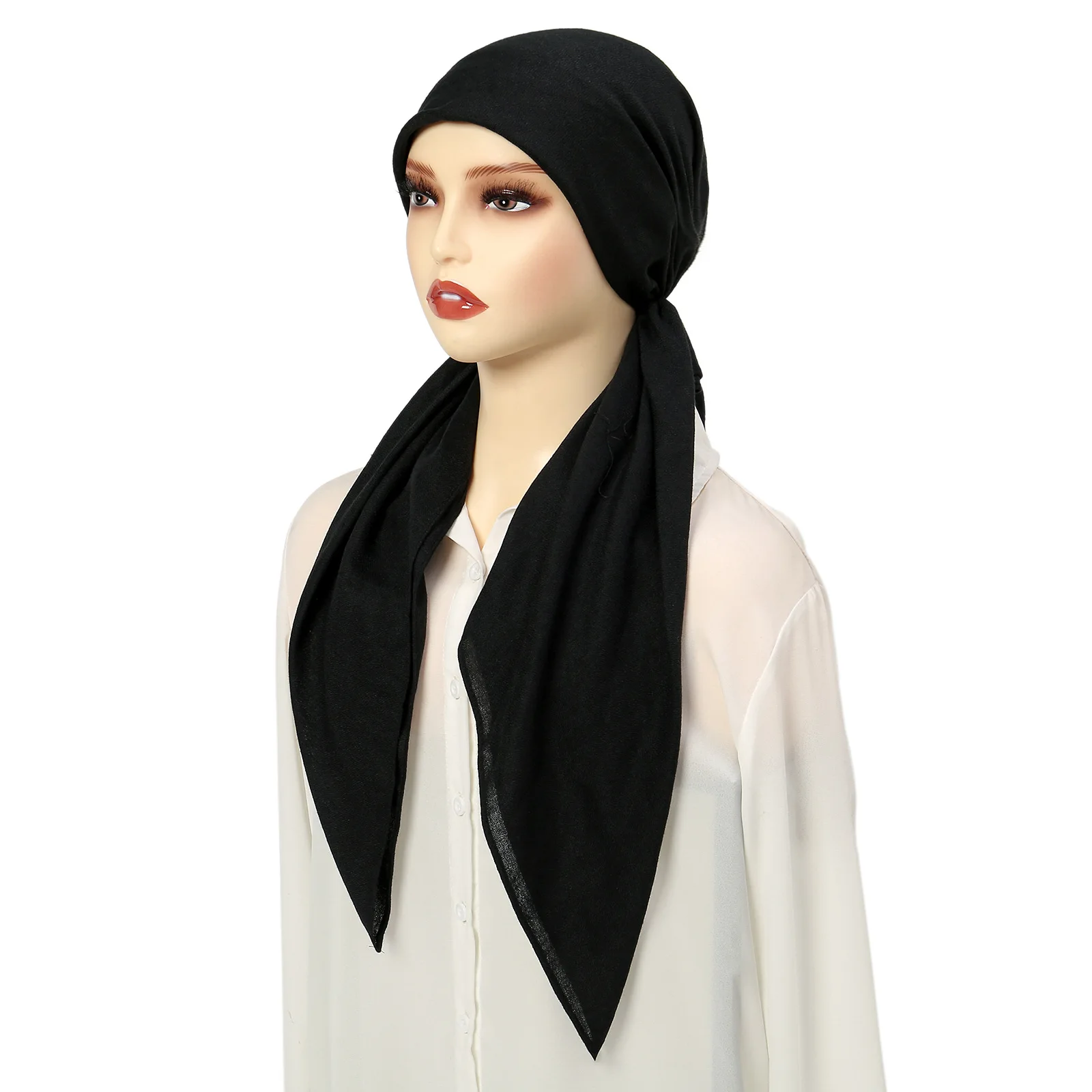 Solid Color Muslim Hijab Pre-Tied Turban Hat Women Long Tail Bonnet Chemo Cap Hair Loss Head Scarf Wrap Beanies Turbante Mujer 6