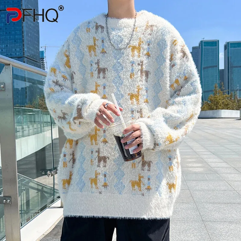 

PFHQ Men's Mink Soft Waxy Sweater Anime Printing Knitwear Tops Thick Fashion Creativity Versatile Pullovers Autumn New 21Z3360