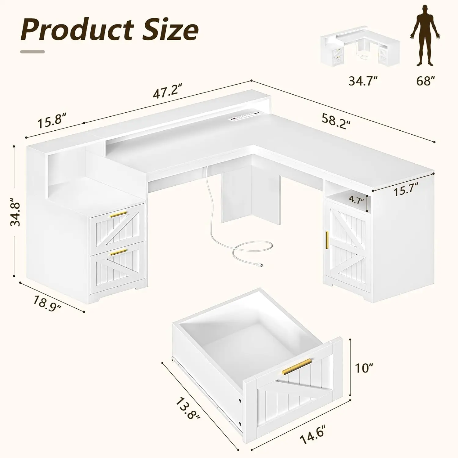 63" Farmhouse L Shaped Executive Desk with Drawers & Storage Shelf, Corner Computer Desk with Power Outlets
