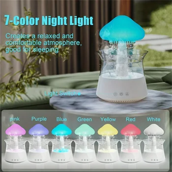7-Colour Variable Cloud and Rain Humidifier with Remote Control - Vaporizer Humidification, Water Drop, Waterfall Light, Mushroo 1