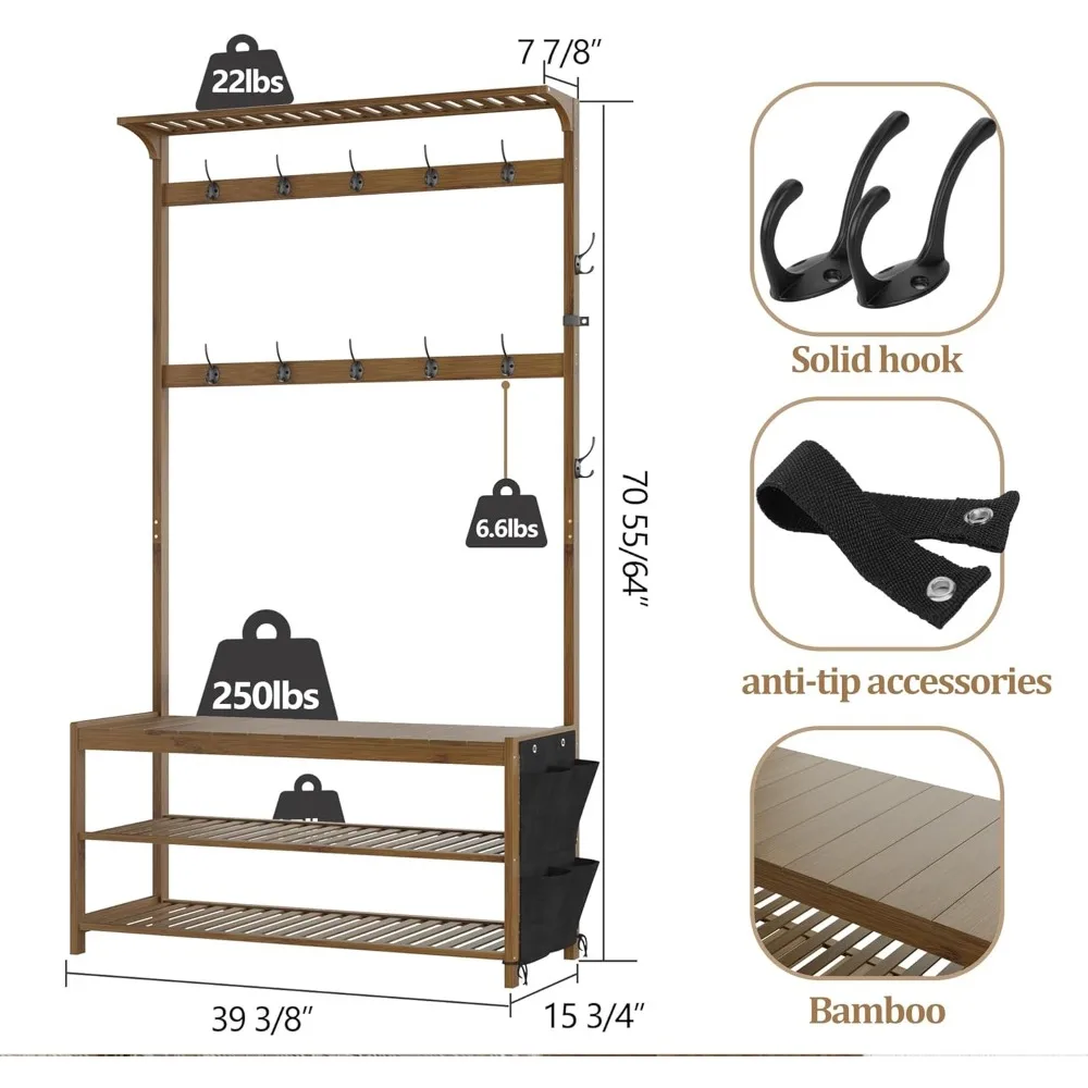 AMBIRD Hall Tree with shoe bench Entryway with Coat Rack 6-in-1 Coat Rack Shoe Cloth Bag Storage 14