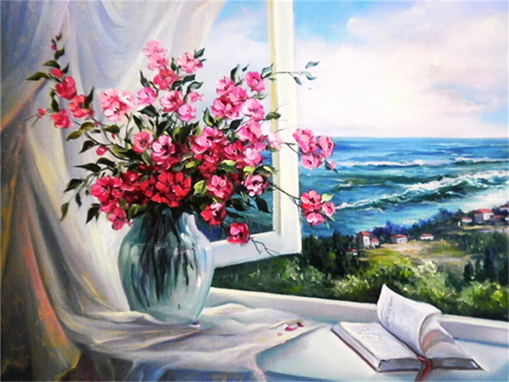 Landschaft Blumen Meer Gedruckt Leinwand Kreuz Stich Stickerei Kit Malerei Handarbeit Handwerk Nähen Magie Großhandel Schmuck – Detail 25