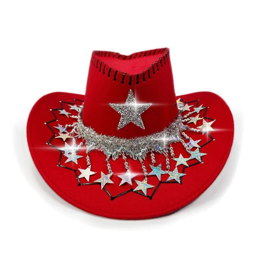 Red Suede Hat Sparkling Sequin Star Hat Western Cowboy Hat Western For Christmas Parties Birthday Celebrations Western Themed