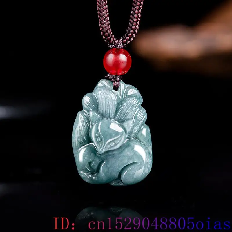 Collana Con Ciondolo Volpe Nove Code In Giadeite Blu Naturale - Myanmar