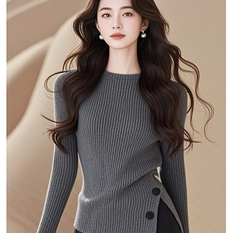 Autumn Winter Fashion Simple Knit O-neck Sweaters Women's Vintage Chic Asymmetrical Pullovers Office Lady Elastic Slim Solid Top 3