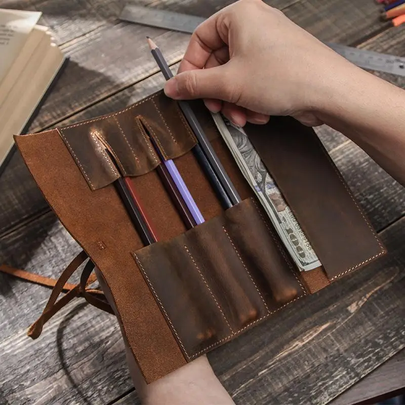 

1Pc Vintage Leather Pen Bag Handmade Personalized Creativity Multi Functional Pen Bag Student Exquisite Stationery Gift
