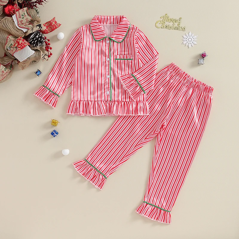 

3-7Y Kids Girls Fall Winter Pajamas Sets Striped Long Sleeve Ruffles Lapel Shirts Pants Children Christmas Sleepwear Homewear