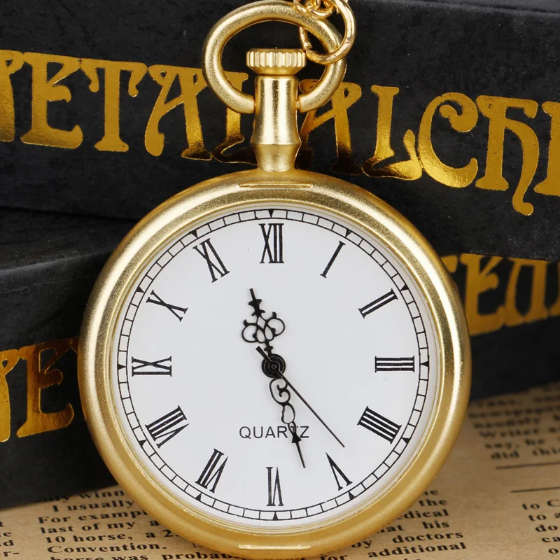 

Gold Quartz Pocket Watch Smooth Coverless White Dial Roman Numerals Men Women Student Necklace Pendant Clock Gift Pop Jewelry