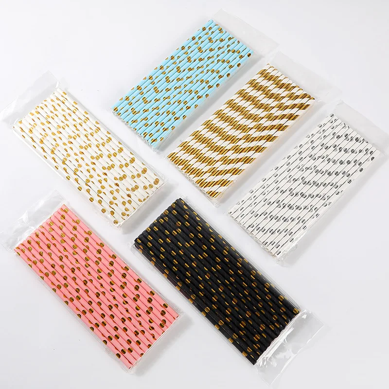 

25Pcs Gold Foil Stripe Dot Paper Straws Multi-Color Disposable Drinking Straws for Birthday Wedding Decor Party Event Supplies