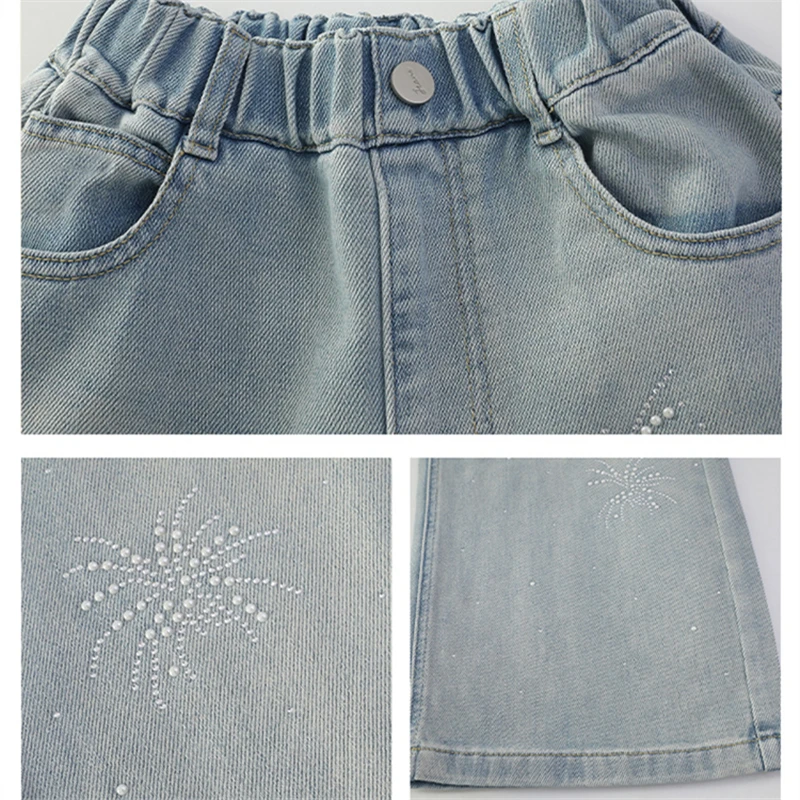 세련된 아동용 꽃 장식 청바지, 십대 소녀들을 위한 캐주얼 스트레이트 핏 크리스탈 데님 팬츠, 키즈 스트리트 디자인 청바지