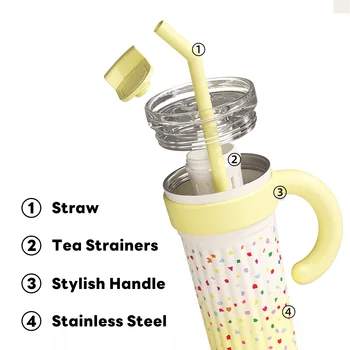 30oz Insulated Tumbler With Handle And Lid Straws, Stainless Steel Travel Coffee Cup Holder Friendly, Metal Water Bottle Keeps D 5