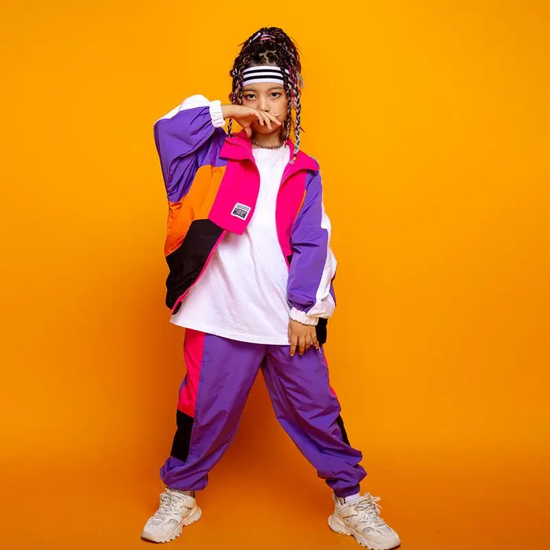 Boys Hip Hop Contrast Coat Girls Jazz Joggers Clothes Set Kids Street Dance Patchwork Jacket Sweatpants Child Costume Streetwear 5