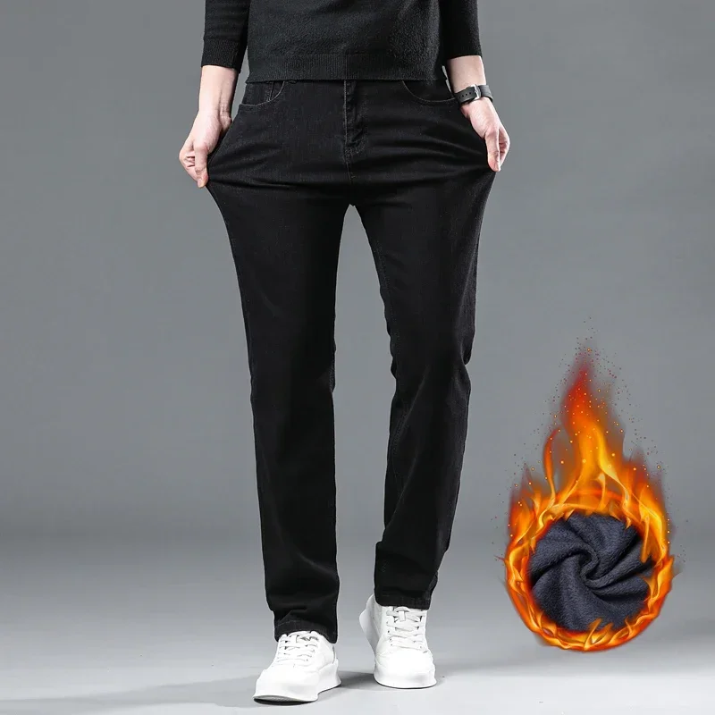 Denim Pants Trousers for Men Winter Black Straight Stretch Thick Velvet Warm Jeans Casual Fleece Line Male Plus Size 40 denim pants denim trousers