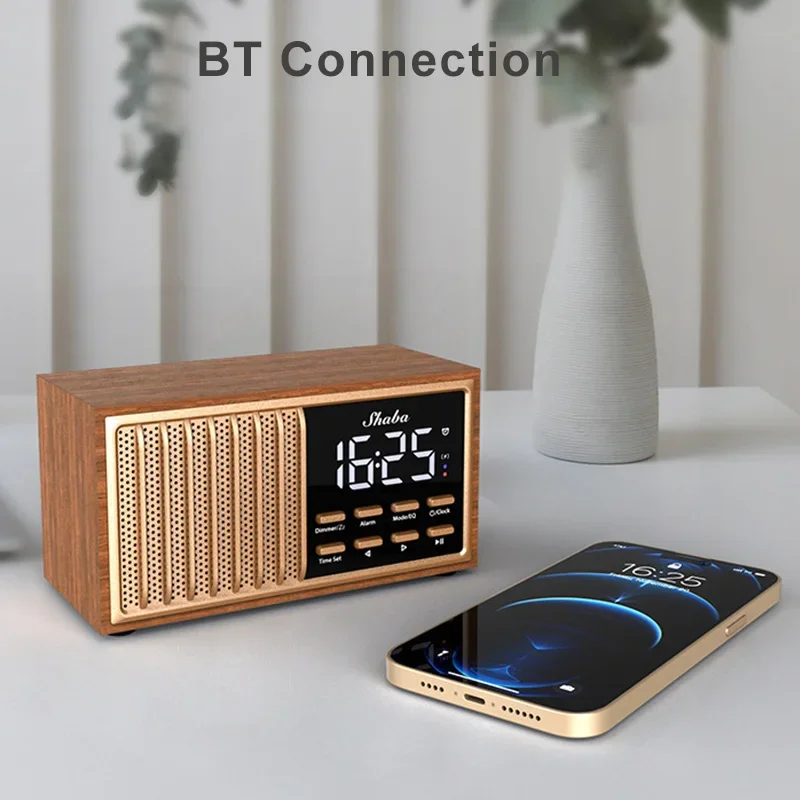 Wooden Retro Wireless Bluetooth Speaker FM Radio Support Handsfree Call Music Player Alarm Clock TF Card U Disk Portable Audio
