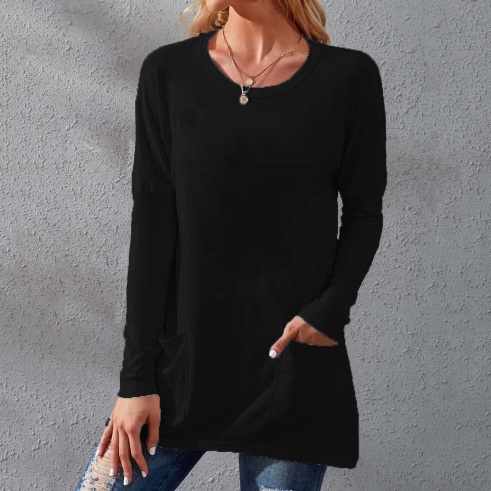 

S-5XL Size O Neck Long Sleeve Shirt Women Tops 2023 Fall Winter Black Casual Loose Solid Basic Woman T Shirts White with Pockets