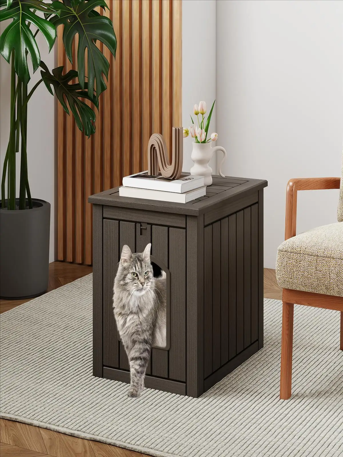 Katzenhaus für drinnen und draußen, verstecktes Katzenklo-Gehäuse mit aufklappbarer Vordertür und erhöhtem Boden, wasserdichter Welpenschutz – Detail 1