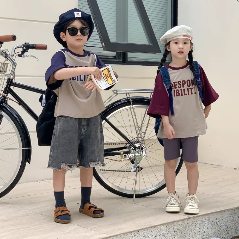 

Children T-shirt 2023 summer boys and girls color letters short-sleeved children's casual crew-neck top