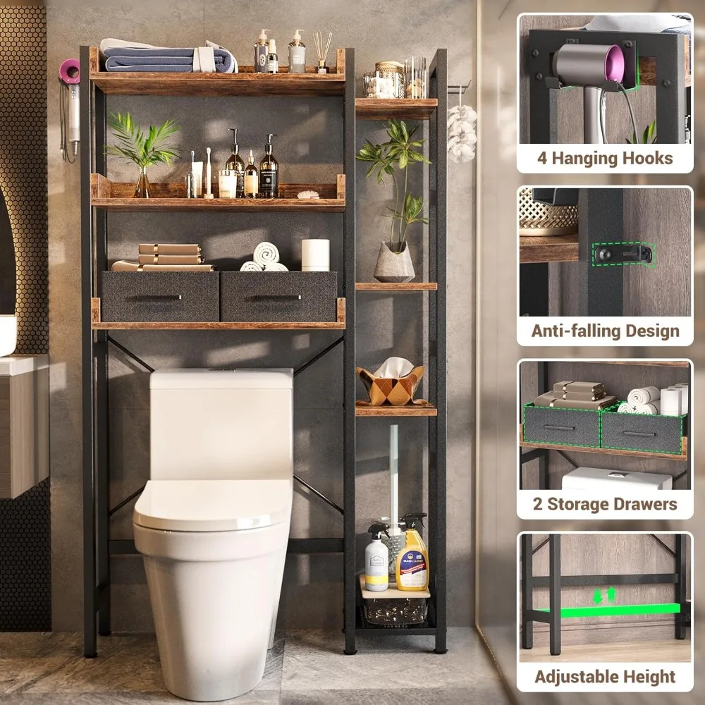 Over The Toilet Storage with 2 Drawers - 7 Tier Bathroom Organizer with Adjustable Shelf, Freestanding Space Saver Storage Rack 4