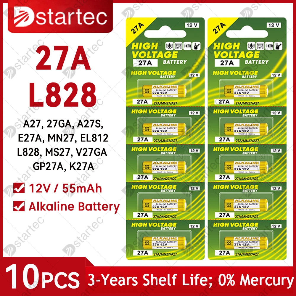 

DStartec 10PCS NEW 55mAh 12V L828 27A Alkaline Battery G27A MN27 MS27 GP27A A27 V27GA K27A VR27 for Doorbells Alarm Power Remote