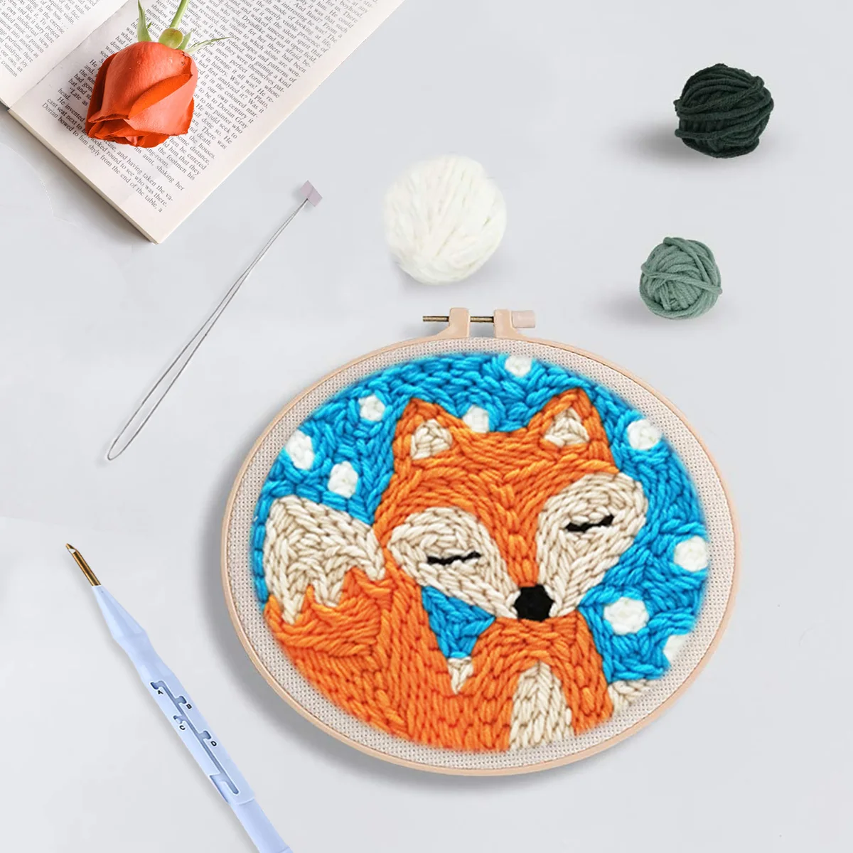 RUOPOTY Punch Needle Embroidery Starter Kits Diy Crafts Cute Fox Poking Embroidery Hoop Yarn Rug Punch Needle For Adults 20x20cm