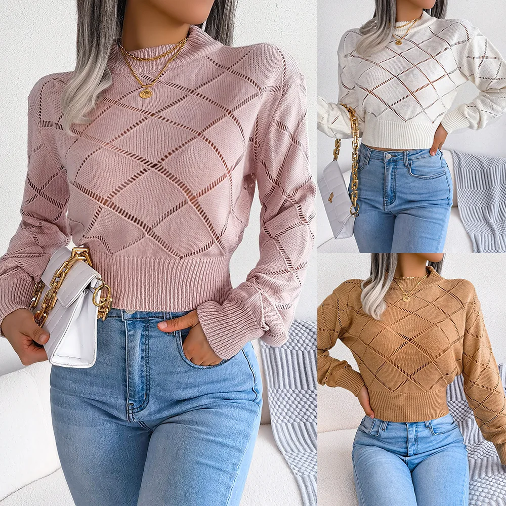 

Sexy Crop Sweater for Lady Hollow Out Design Knitwear Pullover Fashion Women's Knitted Top Slim Tops Autumn Long Sleeve Sweaters
