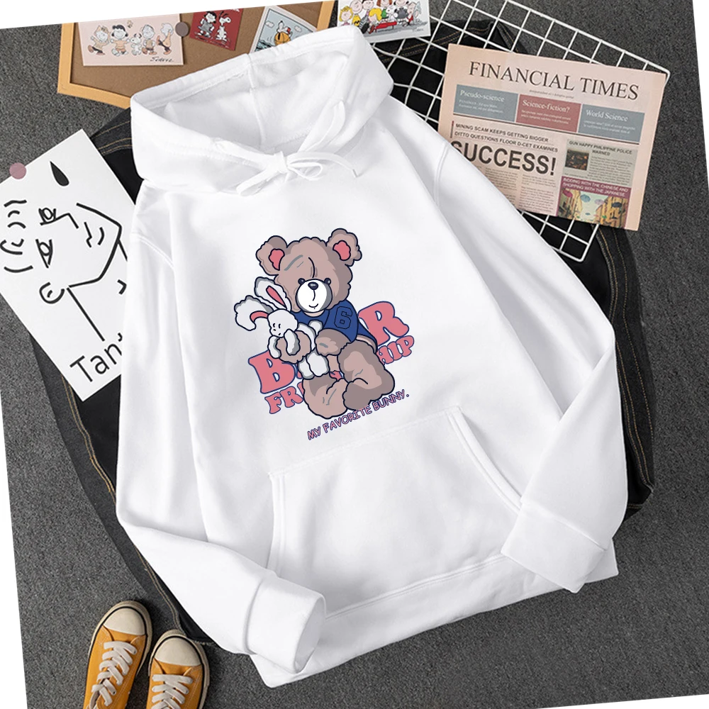 

Cute Bear Embracing Rabbit Hoodie Woman Hip Hop Asian Size S-3XL Hoody Cartoons High Quality Sweatshirt Fashion Casual Hooded