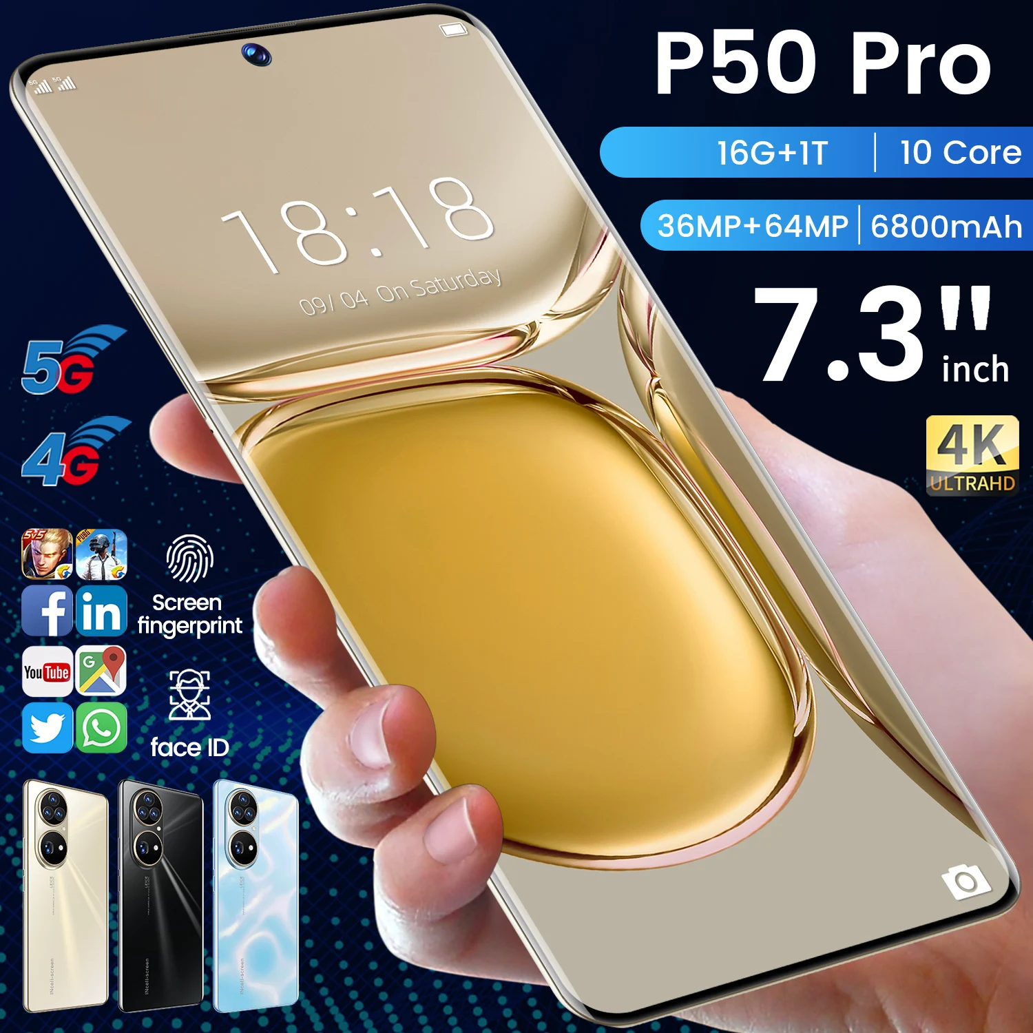 Смартфон P50 Pro 10 ядер 2022 дюйма 16 + 1 ТБ 7 3 мАч Android 12 | Мобильные телефоны и аксессуары