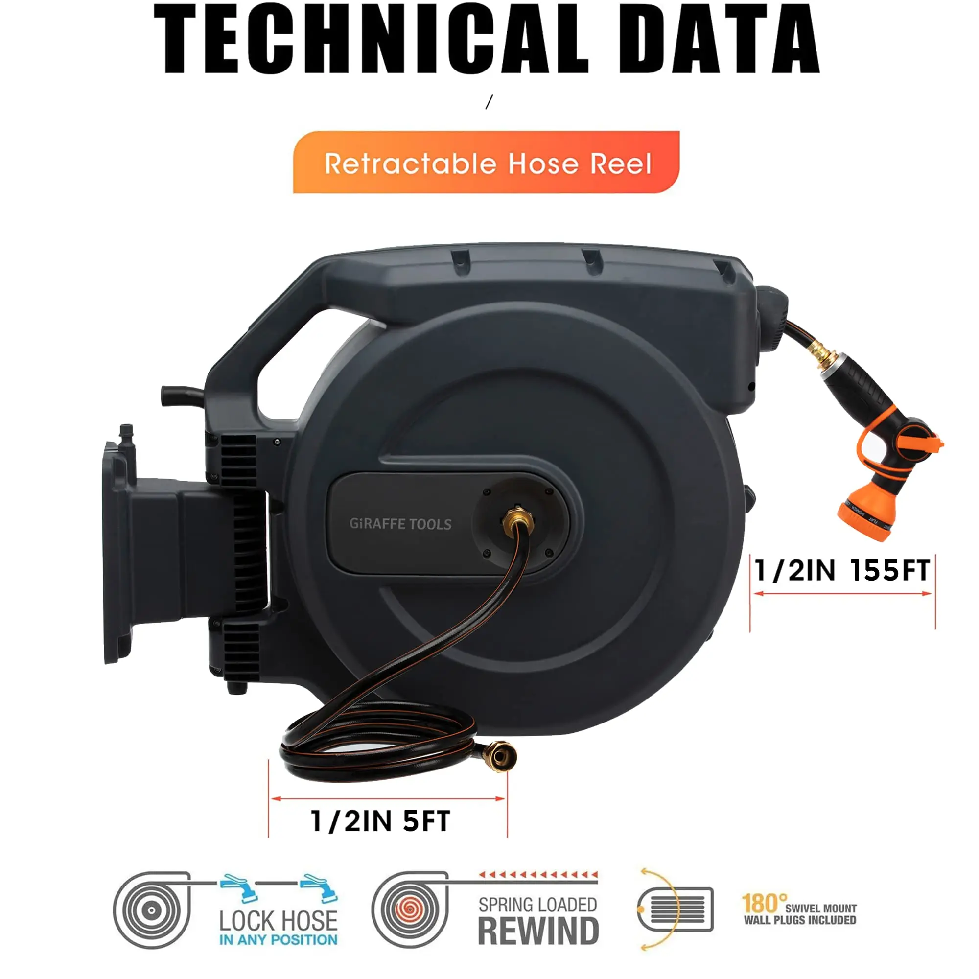 Giraffe Tools AW50 Hose Reel 1/2" x 155 ft, Heavy Duty Retractable Garden Hose Reel with Any Length Lock, Slow Return System 2