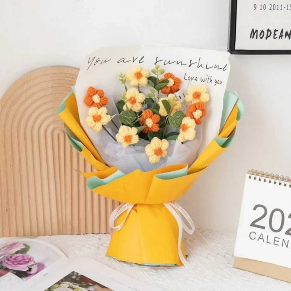 1pc Crochet Flowers Bouquet Finished Graduation Flower Bouquet With Gift Bag Led Lamp String Festival Decoration Handmade Gifts