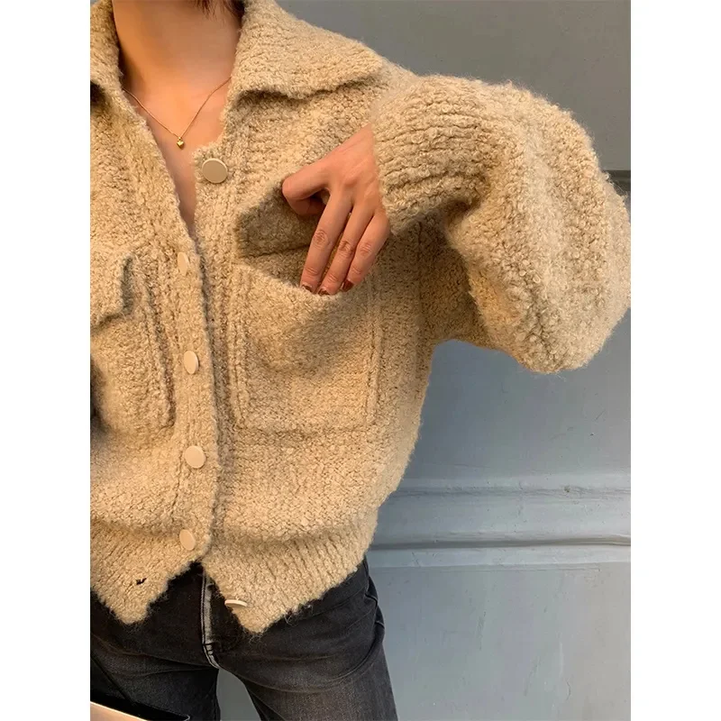 

New Thicken Knitted Cardigan Women Turn-down Collar Long Sleeve Pocket Sweater Coat Female Knitwears Outerwear Korean Sueter