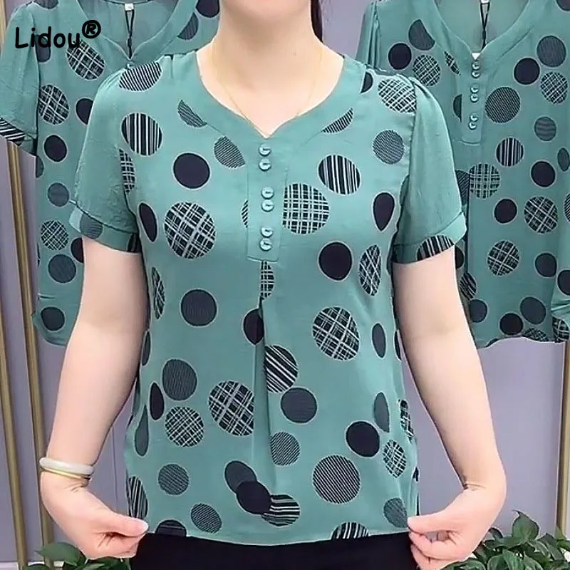 

Women's Clothing Summer V-Neck Polka Dot Printed Casual T-shirt Commute All-match Button Spliced Loose Pullovers Tops Female
