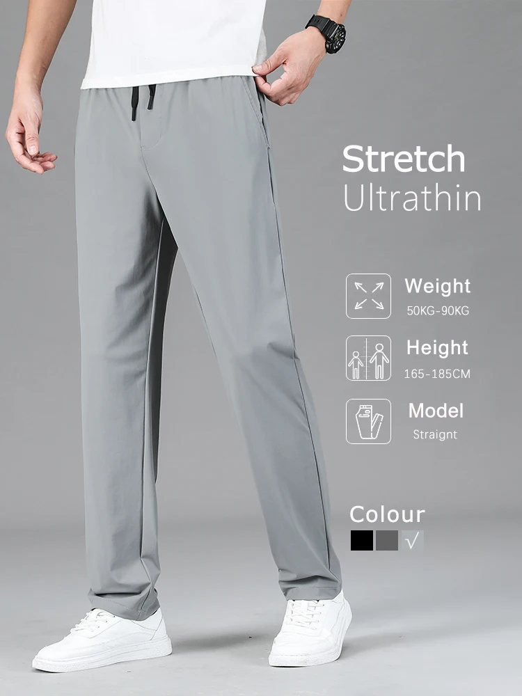 Men Clothing High Quality Casual Pants Summer Thin Ice Silk Straight Drawstring Elastic Waist Jogger Sweatpants Trousers Male 1