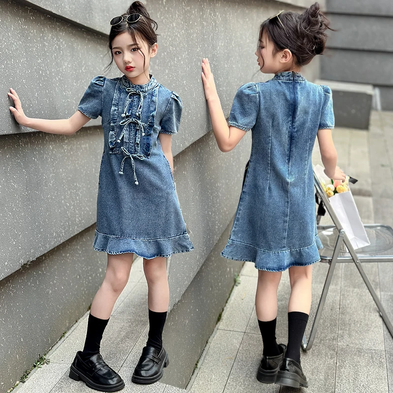 

Youth Girls Summer Sweet Bow Denim Dress Retro Princess Birthday Ball Personality Trendy Cool Dress Fashion teen Clothing 4T-14T