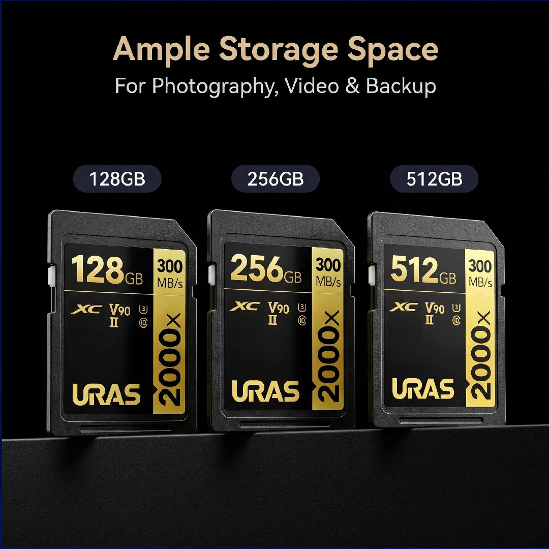 고속 2000x SD 메모리 카드 512GB 256GB 128GB 64GB UHS-II C10 U3 V90 SDXC 카드 풀 HD 8K 비디오 최대 300MB/s 카메라용