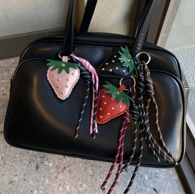 Cute Leather Strawberry Bag Pendant Charms Nylon Rope Keychain Aesthetics Backpack Accessories For Women Gift