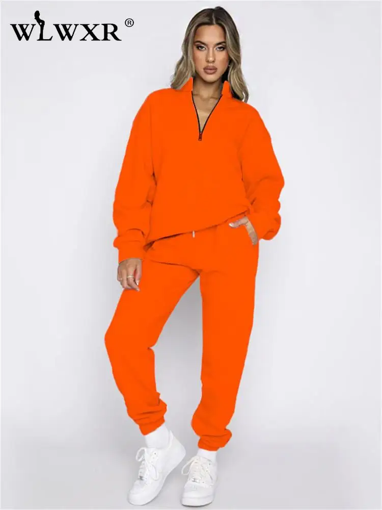 

WLWXR Fall Casual Tracksuit Black Two 2 Piece Sets Womens Outifits Zipper Long Sleeve Top Skinny Pants Matching Sets Female