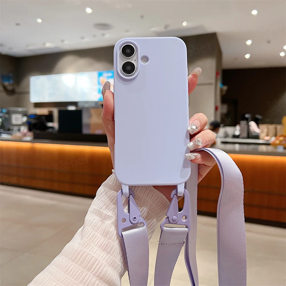 Étui de téléphone en silicone mat avec lanière large et collier bandoulière pour iPhone 16 15 14 Pro Max 13 12 11 XR XS MAX Housse mate antichoc_voghion.com