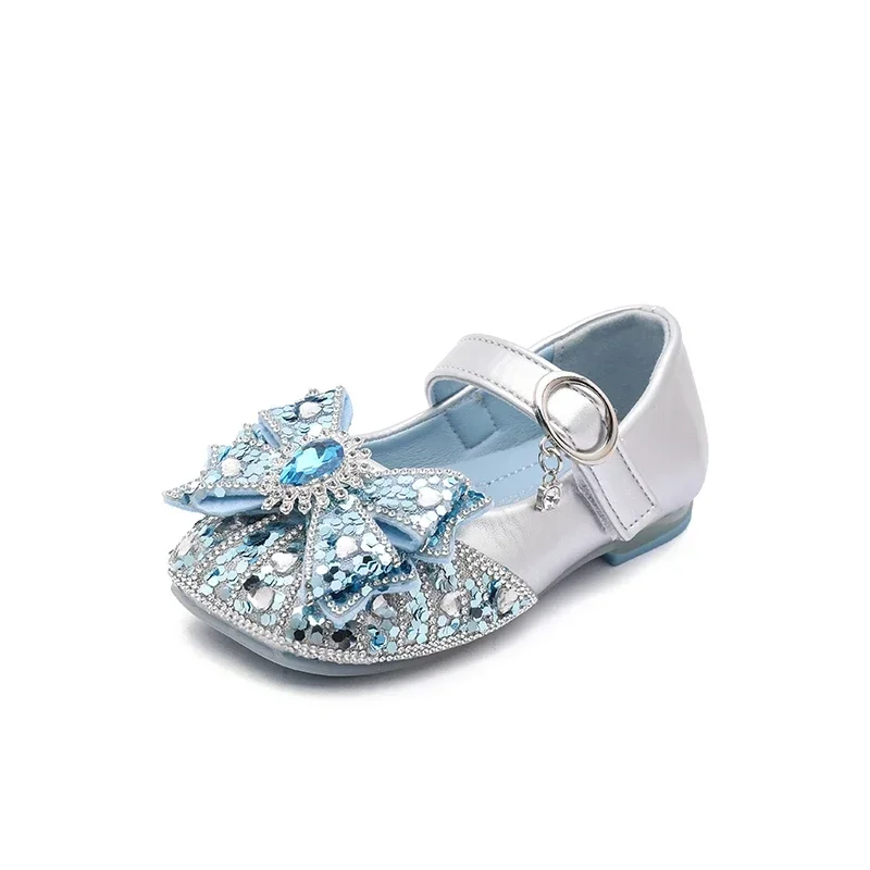 Leather Kids Shoes with Sequins and Bows for Girls