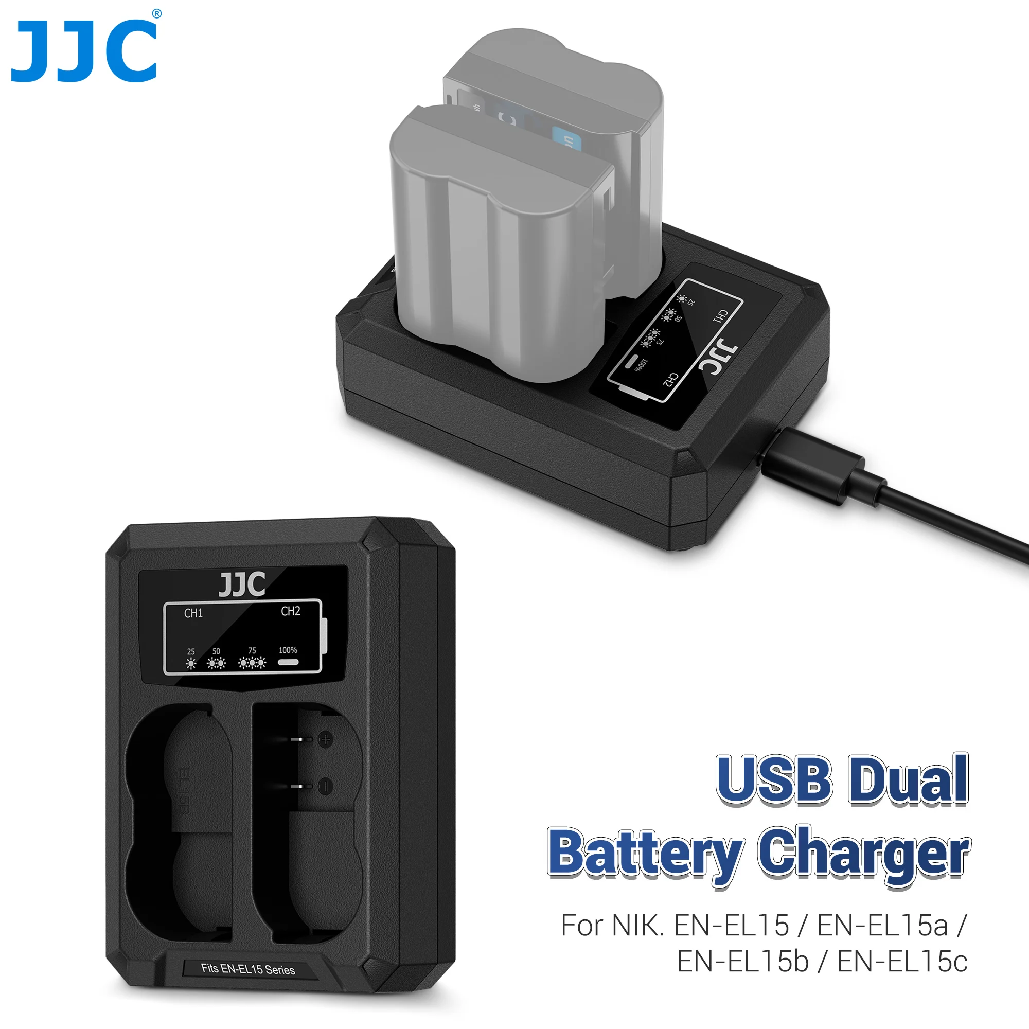 JJC USB 타입 C 카메라 배터리 충전기 (니콘 ZF Z8 Z7 II Z6 III Z5 II D7200 D7000 D7500 D750 D810 EN-EL15c 배터리용)
