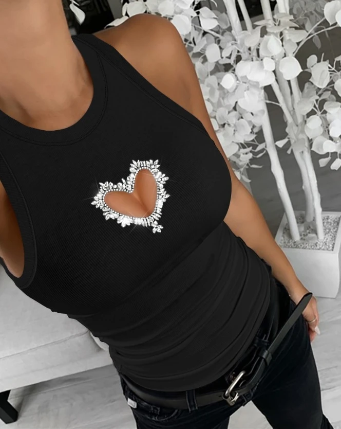 

Fashion and Leisure 2023 Summer Design Sleeveless Round Neck Sexy Hollow Water Diamond Girl Tank To