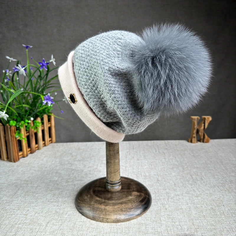 2025 New Natural fur pompom hat Women High quality Color block Beanies Winter Travel  Hats for women Warm Female hat 2