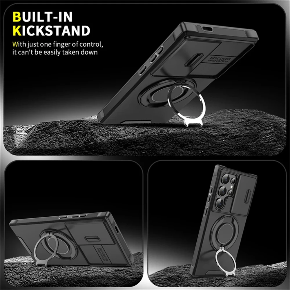 Magnetic Ring Stand Phone Case with Slide Camera Protection and Armor Cover